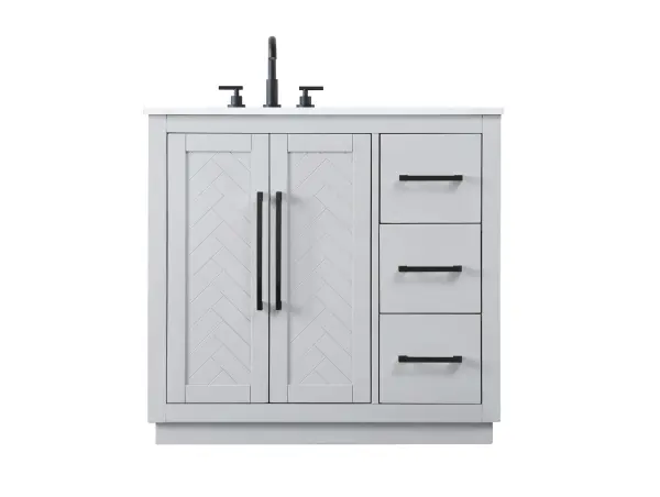 Dimensions
Length: 36"
Width: 21.5"
Height: 34"
Counter Top Length: 36"
Counter Top Width: 21.5"
Counter Top Height: 0.7"
Sink Width: 15.8"
Sink Depth: 10.9"
Sink Height: 8.25"
Sink Drain Hole Size: 1.77"
Faucet Hole Spacing: 8"3 Holes"
Specifications
Assembly Required: NO
Base Material: Solid wood and MDF
Counter Top Edge Style: Straight
Counter Top Finish: Marble white
Distressed Finish: NO
Drain Assembly Included: NO
Faucet Included: NO
Faucet Type: Widespread
Finish (Color): Grey
Vanity Material: Solid Wood and MDF
Hardware Finish: Matte Black
Harware Material: Aluminum alloy
Number of Faucet Holes: 3
Number of Sinks: 1
Product Shape: Rectangle
Product Type: Bathroom Vanities
Product Warranty: 1 year limited
Sink Mounting Type: Undermount
Vanity Backsplash: NO
Vanity Mounting Type: Free-Standing
Weight: 154
Wire Included: No
Wood Type: Rubberwood
Shipment type: LTL
US Shipping Cost: $175.00
Drawers
Drawers Included: Yes
Number of Drawers: 3
False Drawers: NO
Drawer Width: 10.91
Drawer Depth: 14
Drawer Height: 8.94
Drawer Handle Designs: Bar pulls
Shelves
Number of Shelves: 1
Shelf Width: 20.6
Cabinets
Number of Cabinets: 1
Cabinet Interior Width: 20.6
Cabinet Interior Depth: 21.1
Cabinet Interior Height: 29.1