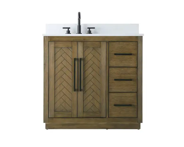 Dimensions
Length: 36"
Width: 21.5"
Height: 34"
Counter Top Length: 36"
Counter Top Width: 21.5"
Counter Top Height: 0.7"
Sink Width: 15.8"
Sink Depth: 10.9"
Sink Height: 8.25"
Sink Drain Hole Size: 1.77"
Faucet Hole Spacing: 8"3 Holes"
Specifications
Assembly Required: NO
Base Material: Solid wood and MDF
Counter Top Edge Style: Straight
Counter Top Finish: Marble white
Distressed Finish: YES
Drain Assembly Included: NO
Faucet Included: NO
Faucet Type: Widespread
Finish (Color): Hazel Oak
Vanity Material: Solid Wood and MDF
Hardware Finish: Matte Black
Harware Material: Aluminum alloy
Number of Faucet Holes: 3
Number of Sinks: 1
Product Shape: Rectangle
Product Type: Bathroom Vanities
Product Warranty: 1 year limited
Sink Mounting Type: Undermount
Vanity Backsplash: NO
Vanity Mounting Type: Free-Standing
Weight: 152
Wire Included: No
Wood Type: Rubberwood
Shipment type: LTL
Drawers
Drawers Included: Yes
Number of Drawers: 3
False Drawers: NO
Drawer Width: 10.91
Drawer Depth: 14
Drawer Height: 8.94
Drawer Handle Designs: Bar pulls
Shelves
Number of Shelves: 1
Shelf Width: 20.6
Cabinets
Number of Cabinets: 1
Cabinet Interior Width: 20.6
Cabinet Interior Depth: 21.1
Cabinet Interior Height: 29.1