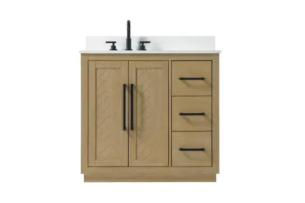 Dimensions
Length: 36"
Width: 21.5"
Height: 34"
Counter Top Length: 36"
Counter Top Width: 21.5"
Counter Top Height: 0.7"
Sink Width: 15.8"
Sink Depth: 10.9"
Sink Height: 8.25"
Sink Drain Hole Size: 1.77"
Faucet Hole Spacing: 8"3 Holes"
Specifications
Assembly Required: NO
Base Material: Solid wood and MDF
Counter Top Edge Style: Straight
Counter Top Finish: Marble white
Distressed Finish: YES
Drain Assembly Included: NO
Faucet Included: NO
Faucet Type: Widespread
Finish (Color): Linen Oak
Vanity Material: Solid Wood and MDF
Hardware Finish: Matte Black
Harware Material: Aluminum alloy
Number of Faucet Holes: 3
Number of Sinks: 1
Product Shape: Rectangle
Product Type: Bathroom Vanities
Product Warranty: 1 year limited
Sink Mounting Type: Undermount
Vanity Backsplash: NO
Vanity Mounting Type: Free-Standing
Weight: 152
Wire Included: No
Wood Type: Rubberwood
Shipment type: LTL
Drawers
Drawers Included: Yes
Number of Drawers: 3
False Drawers: NO
Drawer Width: 10.91
Drawer Depth: 14
Drawer Height: 8.94
Drawer Handle Designs: Bar pulls
Shelves
Number of Shelves: 1
Shelf Width: 20.6
Cabinets
Number of Cabinets: 1
Cabinet Interior Width: 20.6
Cabinet Interior Depth: 21.1
Cabinet Interior Height: 29.1
