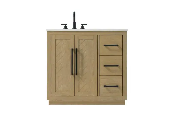 This transitional bathroom vanity offers the perfect blend of timeless style and modern functionality. Available in five refined finishes—crisp white, sleek grey, chocolate oak, honey oak, and linen oak—it complements a range of decor styles, from classic to contemporary. The stunning herringbone design on the Shaker-style door panels adds texture and craftsmanship to the piece. Topped with a white engineered marble countertop featuring subtle veining, it provides both beauty and durability. The long black metal pulls on the soft-closing doors and the thin bar pulls on the drawers add sleek, modern detailing. Practical features include a concealed overflow, a back panel cutout for easy plumbing installation, and a U-shaped cutout shelf to fit plumbing while maximizing storage space. With a toe kick all around the base, this vanity is thoughtfully designed to blend form and function in any bathroom setting. Collection: Chase Rooms: bathroom Finish: Linen Oak Width: 21.50" Height: 34.00" Length: 36.00" Weight: 152.00 lb Material: Solid wood and MDF Country of Origin: Vietnam Manufacturer Warranty: 1 year limited
