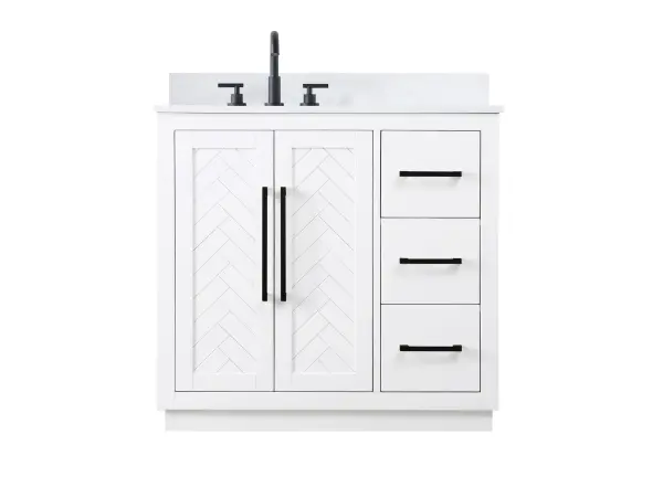 Dimensions
Length: 36"
Width: 21.5"
Height: 34"
Counter Top Length: 36"
Counter Top Width: 21.5"
Counter Top Height: 0.7"
Sink Width: 15.8"
Sink Depth: 10.9"
Sink Height: 8.25"
Sink Drain Hole Size: 1.77"
Faucet Hole Spacing: 8"3 Holes"
Specifications
Assembly Required: NO
Base Material: Solid wood and MDF
Counter Top Edge Style: Straight
Counter Top Finish: Marble white
Distressed Finish: NO
Drain Assembly Included: NO
Faucet Included: NO
Faucet Type: Widespread
Finish (Color): White
Vanity Material: Solid Wood and MDF
Hardware Finish: Matte Black
Harware Material: Aluminum alloy
Number of Faucet Holes: 3
Number of Sinks: 1
Product Shape: Rectangle
Product Type: Bathroom Vanities
Product Warranty: 1 year limited
Sink Mounting Type: Undermount
Vanity Backsplash: NO
Vanity Mounting Type: Free-Standing
Weight: 154
Wire Included: No
Wood Type: Rubberwood
Shipment type: LTL
Drawers
Drawers Included: Yes
Number of Drawers: 3
False Drawers: NO
Drawer Width: 10.91
Drawer Depth: 14
Drawer Height: 8.94
Drawer Handle Designs: Bar pulls
Shelves
Number of Shelves: 1
Shelf Width: 20.6
Cabinets
Number of Cabinets: 1
Cabinet Interior Width: 20.6
Cabinet Interior Depth: 21.1
Cabinet Interior Height: 29.1