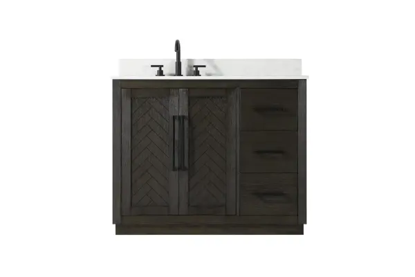 Dimensions
Length: 42"
Width: 21.5"
Height: 34"
Counter Top Length: 42"
Counter Top Width: 21.5"
Counter Top Height: 0.7"
Sink Width: 15.8"
Sink Depth: 10.9"
Sink Height: 8.25"
Sink Drain Hole Size: 1.77"
Faucet Hole Spacing: 8"3 Holes"
Specifications
Assembly Required: NO
Base Material: Solid wood and MDF
Counter Top Edge Style: Straight
Counter Top Finish: Marble white
Distressed Finish: YES
Drain Assembly Included: NO
Faucet Included: NO
Faucet Type: Widespread
Finish (Color): Chocolate Oak
Vanity Material: Solid Wood and MDF
Hardware Finish: Matte Black
Harware Material: Aluminum alloy
Number of Faucet Holes: 3
Number of Sinks: 1
Product Shape: Rectangle
Product Type: Bathroom Vanities
Product Warranty: 1 year limited
Sink Mounting Type: Undermount
Vanity Backsplash: NO
Vanity Mounting Type: Free-Standing
Weight: 172
Wire Included: No
Wood Type: Rubberwood
Shipment type: LTL
Drawers
Drawers Included: Yes
Number of Drawers: 3
False Drawers: NO
Drawer Width: 12.13
Drawer Depth: 14
Drawer Height: 8.94
Drawer Handle Designs: Bar pulls
Shelves
Number of Shelves: 1
Shelf Width: 24.6
Cabinets
Number of Cabinets: 1
Cabinet Interior Width: 24.6
Cabinet Interior Depth: 21.1
Cabinet Interior Height: 29.1