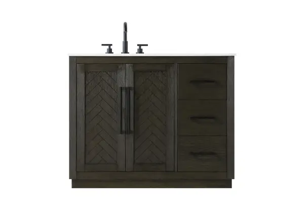 Dimensions
Length: 42"
Width: 21.5"
Height: 34"
Counter Top Length: 42"
Counter Top Width: 21.5"
Counter Top Height: 0.7"
Sink Width: 15.8"
Sink Depth: 10.9"
Sink Height: 8.25"
Sink Drain Hole Size: 1.77"
Faucet Hole Spacing: 8"3 Holes"
Specifications
Assembly Required: NO
Base Material: Solid wood and MDF
Counter Top Edge Style: Straight
Counter Top Finish: Marble white
Distressed Finish: YES
Drain Assembly Included: NO
Faucet Included: NO
Faucet Type: Widespread
Finish (Color): Chocolate Oak
Vanity Material: Solid Wood and MDF
Hardware Finish: Matte Black
Harware Material: Aluminum alloy
Number of Faucet Holes: 3
Number of Sinks: 1
Product Shape: Rectangle
Product Type: Bathroom Vanities
Product Warranty: 1 year limited
Sink Mounting Type: Undermount
Vanity Backsplash: NO
Vanity Mounting Type: Free-Standing
Weight: 172
Wire Included: No
Wood Type: Rubberwood
Shipment type: LTL
US Shipping Cost: $200.00
Drawers
Drawers Included: Yes
Number of Drawers: 3
False Drawers: NO
Drawer Width: 12.13
Drawer Depth: 14
Drawer Height: 8.94
Drawer Handle Designs: Bar pulls
Shelves
Number of Shelves: 1
Shelf Width: 24.6
Cabinets
Number of Cabinets: 1
Cabinet Interior Width: 24.6
Cabinet Interior Depth: 21.1
Cabinet Interior Height: 29.1