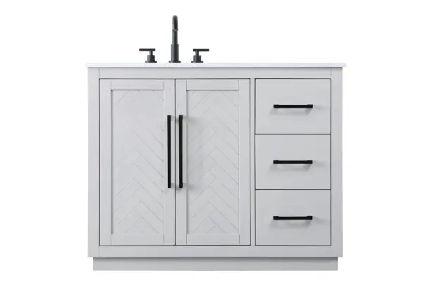 Dimensions
Length: 42"
Width: 21.5"
Height: 34"
Counter Top Length: 42"
Counter Top Width: 21.5"
Counter Top Height: 0.7"
Sink Width: 15.8"
Sink Depth: 10.9"
Sink Height: 8.25"
Sink Drain Hole Size: 1.77"
Faucet Hole Spacing: 8"3 Holes"
Specifications
Assembly Required: NO
Base Material: Solid wood and MDF
Counter Top Edge Style: Straight
Counter Top Finish: Marble white
Distressed Finish: NO
Drain Assembly Included: NO
Faucet Included: NO
Faucet Type: Widespread
Finish (Color): Grey
Vanity Material: Solid Wood and MDF
Hardware Finish: Matte Black
Harware Material: Aluminum alloy
Number of Faucet Holes: 3
Number of Sinks: 1
Product Shape: Rectangle
Product Type: Bathroom Vanities
Product Warranty: 1 year limited
Sink Mounting Type: Undermount
Vanity Backsplash: NO
Vanity Mounting Type: Free-Standing
Weight: 174
Wire Included: No
Wood Type: Rubberwood
Shipment type: LTL
US Shipping Cost: $200.00
Drawers
Drawers Included: Yes
Number of Drawers: 3
False Drawers: NO
Drawer Width: 12.13
Drawer Depth: 14
Drawer Height: 8.94
Drawer Handle Designs: Bar pulls
Shelves
Number of Shelves: 1
Shelf Width: 24.6
Cabinets
Number of Cabinets: 1
Cabinet Interior Width: 24.6
Cabinet Interior Depth: 21.1
Cabinet Interior Height: 29.1