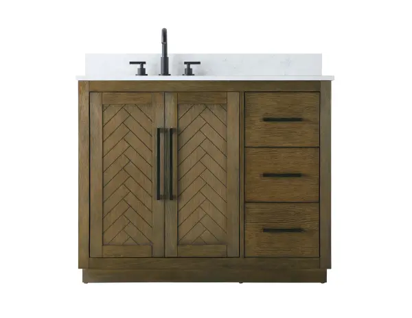 Dimensions
Length: 42"
Width: 21.5"
Height: 34"
Counter Top Length: 42"
Counter Top Width: 21.5"
Counter Top Height: 0.7"
Sink Width: 15.8"
Sink Depth: 10.9"
Sink Height: 8.25"
Sink Drain Hole Size: 1.77"
Faucet Hole Spacing: 8"3 Holes"
Specifications
Assembly Required: NO
Base Material: Solid wood and MDF
Counter Top Edge Style: Straight
Counter Top Finish: Marble white
Distressed Finish: YES
Drain Assembly Included: NO
Faucet Included: NO
Faucet Type: Widespread
Finish (Color): Hazel Oak
Vanity Material: Solid Wood and MDF
Hardware Finish: Matte Black
Harware Material: Aluminum alloy
Number of Faucet Holes: 3
Number of Sinks: 1
Product Shape: Rectangle
Product Type: Bathroom Vanities
Product Warranty: 1 year limited
Sink Mounting Type: Undermount
Vanity Backsplash: NO
Vanity Mounting Type: Free-Standing
Weight: 172
Wire Included: No
Wood Type: Rubberwood
Shipment type: LTL
Drawers
Drawers Included: Yes
Number of Drawers: 3
False Drawers: NO
Drawer Width: 12.13
Drawer Depth: 14
Drawer Height: 8.94
Drawer Handle Designs: Bar pulls
Shelves
Number of Shelves: 1
Shelf Width: 24.6
Cabinets
Number of Cabinets: 1
Cabinet Interior Width: 24.6
Cabinet Interior Depth: 21.1
Cabinet Interior Height: 29.1