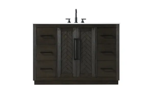 Dimensions
Length: 48"
Width: 21.5"
Height: 34"
Counter Top Length: 48"
Counter Top Width: 21.5"
Counter Top Height: 0.7"
Sink Width: 15.8"
Sink Depth: 10.9"
Sink Height: 8.25"
Sink Drain Hole Size: 1.77"
Faucet Hole Spacing: 8"3 Holes"
Specifications
Assembly Required: NO
Base Material: Solid wood and MDF
Counter Top Edge Style: Straight
Counter Top Finish: Marble white
Distressed Finish: YES
Drain Assembly Included: NO
Faucet Included: NO
Faucet Type: Widespread
Finish (Color): Chocolate Oak
Vanity Material: Solid Wood and MDF
Hardware Finish: Matte Black
Harware Material: Aluminum alloy
Number of Faucet Holes: 3
Number of Sinks: 1
Product Shape: Rectangle
Product Type: Bathroom Vanities
Product Warranty: 1 year limited
Sink Mounting Type: Undermount
Vanity Backsplash: NO
Vanity Mounting Type: Free-Standing
Weight: 222
Wire Included: No
Wood Type: Rubberwood
Shipment type: LTL
US Shipping Cost: $225.00
Drawers
Drawers Included: Yes
Number of Drawers: 6
False Drawers: NO
Drawer Width: 10.35
Drawer Depth: 14
Drawer Height: 8.94
Drawer Handle Designs: Bar pulls
Shelves
Number of Shelves: 1
Shelf Width: 21.1
Cabinets
Number of Cabinets: 1
Cabinet Interior Width: 21.1
Cabinet Interior Depth: 21.1
Cabinet Interior Height: 29.1