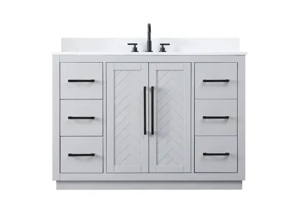 Dimensions
Length: 48"
Width: 21.5"
Height: 34"
Counter Top Length: 48"
Counter Top Width: 21.5"
Counter Top Height: 0.7"
Sink Width: 15.8"
Sink Depth: 10.9"
Sink Height: 8.25"
Sink Drain Hole Size: 1.77"
Faucet Hole Spacing: 8"3 Holes"
Specifications
Assembly Required: NO
Base Material: Solid wood and MDF
Counter Top Edge Style: Straight
Counter Top Finish: Marble white
Distressed Finish: NO
Drain Assembly Included: NO
Faucet Included: NO
Faucet Type: Widespread
Finish (Color): Grey
Vanity Material: Solid Wood and MDF
Hardware Finish: Matte Black
Harware Material: Aluminum alloy
Number of Faucet Holes: 3
Number of Sinks: 1
Product Shape: Rectangle
Product Type: Bathroom Vanities
Product Warranty: 1 year limited
Sink Mounting Type: Undermount
Vanity Backsplash: NO
Vanity Mounting Type: Free-Standing
Weight: 226
Wire Included: No
Wood Type: Rubberwood
Shipment type: LTL
Drawers
Drawers Included: Yes
Number of Drawers: 6
False Drawers: NO
Drawer Width: 10.35
Drawer Depth: 14
Drawer Height: 8.94
Drawer Handle Designs: Bar pulls
Shelves
Number of Shelves: 1
Shelf Width: 21.1
Cabinets
Number of Cabinets: 1
Cabinet Interior Width: 21.1
Cabinet Interior Depth: 21.1
Cabinet Interior Height: 29.1