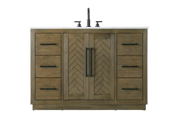 This transitional bathroom vanity offers the perfect blend of timeless style and modern functionality. Available in five refined finishes—crisp white, sleek grey, chocolate oak, honey oak, and linen oak—it complements a range of decor styles, from classic to contemporary. The stunning herringbone design on the Shaker-style door panels adds texture and craftsmanship to the piece. Topped with a white engineered marble countertop featuring subtle veining, it provides both beauty and durability. The long black metal pulls on the soft-closing doors and the thin bar pulls on the drawers add sleek, modern detailing. Practical features include a concealed overflow, a back panel cutout for easy plumbing installation, and a U-shaped cutout shelf to fit plumbing while maximizing storage space. With a toe kick all around the base, this vanity is thoughtfully designed to blend form and function in any bathroom setting. Collection: Chase Rooms: bathroom Finish: Hazel Oak Width: 21.50" Height: 34.00" Length: 48.00" Weight: 222.00 lb Material: Solid wood and MDF Country of Origin: Vietnam Manufacturer Warranty: 1 year limited