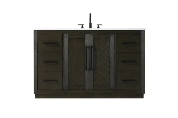 Dimensions
Length: 54"
Width: 21.5"
Height: 34"
Counter Top Length: 54"
Counter Top Width: 21.5"
Counter Top Height: 0.7"
Sink Width: 15.8"
Sink Depth: 10.9"
Sink Height: 8.25"
Sink Drain Hole Size: 1.77"
Faucet Hole Spacing: 8"3 Holes"
Specifications
Assembly Required: NO
Base Material: Solid wood and MDF
Counter Top Edge Style: Straight
Counter Top Finish: Marble white
Distressed Finish: YES
Drain Assembly Included: NO
Faucet Included: NO
Faucet Type: Widespread
Finish (Color): Chocolate Oak
Vanity Material: Solid Wood and MDF
Hardware Finish: Matte Black
Harware Material: Aluminum alloy
Number of Faucet Holes: 3
Number of Sinks: 1
Product Shape: Rectangle
Product Type: Bathroom Vanities
Product Warranty: 1 year limited
Sink Mounting Type: Undermount
Vanity Backsplash: NO
Vanity Mounting Type: Free-Standing
Weight: 242
Wire Included: No
Wood Type: Rubberwood
Shipment type: LTL
US Shipping Cost: $250.00
Drawers
Drawers Included: Yes
Number of Drawers: 6
False Drawers: NO
Drawer Width: 11.86
Drawer Depth: 14
Drawer Height: 8.94
Drawer Handle Designs: Bar pulls
Shelves
Number of Shelves: 1
Shelf Width: 24.1
Cabinets
Number of Cabinets: 1
Cabinet Interior Width: 24.1
Cabinet Interior Depth: 21.1
Cabinet Interior Height: 29.1