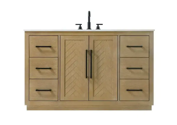 This transitional bathroom vanity offers the perfect blend of timeless style and modern functionality. Available in five refined finishes—crisp white, sleek grey, chocolate oak, honey oak, and linen oak—it complements a range of decor styles, from classic to contemporary. The stunning herringbone design on the Shaker-style door panels adds texture and craftsmanship to the piece. Topped with a white engineered marble countertop featuring subtle veining, it provides both beauty and durability. The long black metal pulls on the soft-closing doors and the thin bar pulls on the drawers add sleek, modern detailing. Practical features include a concealed overflow, a back panel cutout for easy plumbing installation, and a U-shaped cutout shelf to fit plumbing while maximizing storage space. With a toe kick all around the base, this vanity is thoughtfully designed to blend form and function in any bathroom setting. Collection: Chase Rooms: bathroom Finish: Linen Oak Width: 21.50" Height: 34.00" Length: 54.00" Weight: 242.00 lb Material: Solid wood and MDF Country of Origin: Vietnam Manufacturer Warranty: 1 year limited