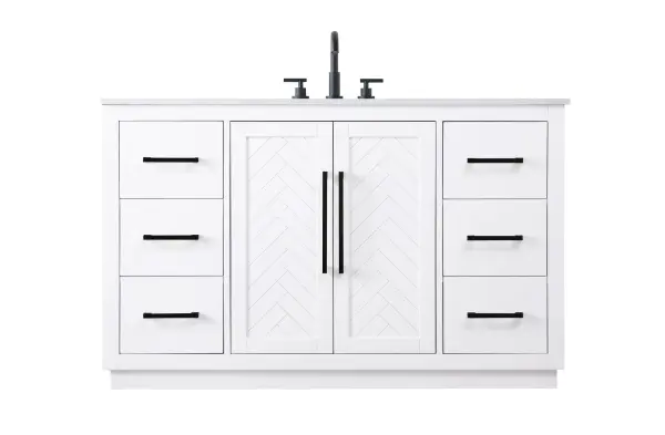 A beautifully crafted transitional vanity featuring distinctive herringbone Shaker-style doors, engineered marble countertop, and thoughtful storage solutions. The soft-close doors and modern black hardware elevate functionality.