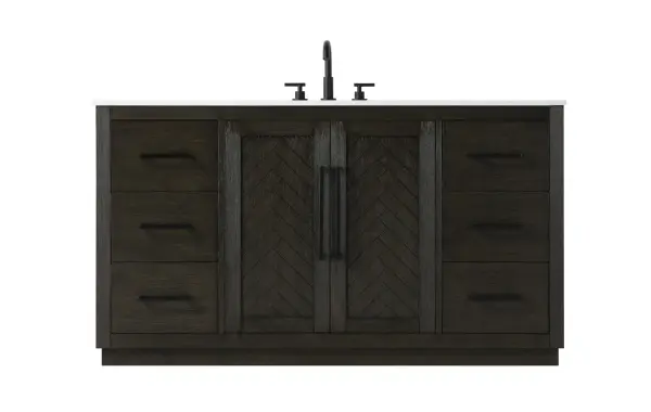 Dimensions
Length: 60"
Width: 21.5"
Height: 34"
Counter Top Length: 60"
Counter Top Width: 21.5"
Counter Top Height: 0.7"
Sink Width: 15.8"
Sink Depth: 10.9"
Sink Height: 8.25"
Sink Drain Hole Size: 1.77"
Faucet Hole Spacing: 8"3 Holes"
Specifications
Assembly Required: NO
Base Material: Solid wood and MDF
Counter Top Edge Style: Straight
Counter Top Finish: Marble white
Distressed Finish: YES
Drain Assembly Included: NO
Faucet Included: NO
Faucet Type: Widespread
Finish (Color): Chocolate Oak
Vanity Material: Solid Wood and MDF
Hardware Finish: Matte Black
Harware Material: Aluminum alloy
Number of Faucet Holes: 3
Number of Sinks: 1
Product Shape: Rectangle
Product Type: Bathroom Vanities
Product Warranty: 1 year limited
Sink Mounting Type: Undermount
Vanity Backsplash: NO
Vanity Mounting Type: Free-Standing
Weight: 256
Wire Included: No
Wood Type: Rubberwood
Shipment type: LTL
US Shipping Cost: $275.00
Drawers
Drawers Included: Yes
Number of Drawers: 6
False Drawers: NO
Drawer Width: 13.36
Drawer Depth: 14
Drawer Height: 8.94
Drawer Handle Designs: Bar pulls
Shelves
Number of Shelves: 1
Shelf Width: 27.1
Cabinets
Number of Cabinets: 1
Cabinet Interior Width: 27.1
Cabinet Interior Depth: 21.1
Cabinet Interior Height: 29.1