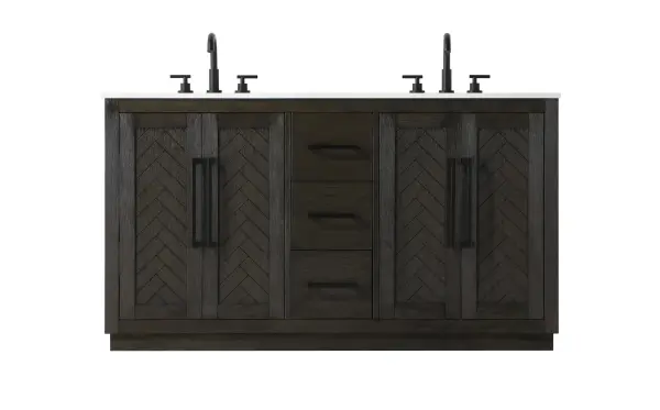 This transitional bathroom vanity offers the perfect blend of timeless style and modern functionality. Available in five refined finishes—crisp white, sleek grey, chocolate oak, honey oak, and linen oak—it complements a range of decor styles, from classic to contemporary. The stunning herringbone design on the Shaker-style door panels adds texture and craftsmanship to the piece. Topped with a white engineered marble countertop featuring subtle veining, it provides both beauty and durability. The long black metal pulls on the soft-closing doors and the thin bar pulls on the drawers add sleek, modern detailing. Practical features include a concealed overflow, a back panel cutout for easy plumbing installation, and a U-shaped cutout shelf to fit plumbing while maximizing storage space. With a toe kick all around the base, this vanity is thoughtfully designed to blend form and function in any bathroom setting. Collection: Chase Rooms: bathroom Finish: Chocolate Oak Width: 21.50" Height: 34.00" Length: 60.00" Weight: 249.00 lb Material: Solid wood and MDF Country of Origin: Vietnam Manufacturer Warranty: 1 year limited