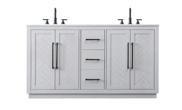 Dimensions
Length: 60"
Width: 21.5"
Height: 34"
Counter Top Length: 60"
Counter Top Width: 21.5"
Counter Top Height: 0.7"
Sink Width: 15.8"
Sink Depth: 10.9"
Sink Height: 8.25"
Sink Drain Hole Size: 1.77"
Faucet Hole Spacing: 8"3 Holes"
Specifications
Assembly Required: NO
Base Material: Solid wood and MDF
Counter Top Edge Style: Straight
Counter Top Finish: Marble white
Distressed Finish: NO
Drain Assembly Included: NO
Faucet Included: NO
Faucet Type: Widespread
Finish (Color): Grey
Vanity Material: Solid Wood and MDF
Hardware Finish: Matte Black
Harware Material: Aluminum alloy
Number of Faucet Holes: 6
Number of Sinks: 2
Product Shape: Rectangle
Product Type: Bathroom Vanities
Product Warranty: 1 year limited
Sink Mounting Type: Undermount
Vanity Backsplash: NO
Vanity Mounting Type: Free-Standing
Weight: 251
Wire Included: No
Wood Type: Rubberwood
Shipment type: LTL
US Shipping Cost: $275.00
Drawers
Drawers Included: Yes
Number of Drawers: 3
False Drawers: NO
Drawer Width: 10.63
Drawer Depth: 14
Drawer Height: 8.94
Drawer Handle Designs: Bar pulls
Shelves
Number of Shelves: 2
Shelf Width: 21.7
Cabinets
Number of Cabinets: 2
Cabinet Interior Width: 21.7
Cabinet Interior Depth: 21.1
Cabinet Interior Height: 29.1