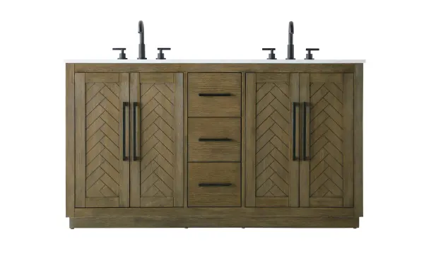 This transitional bathroom vanity offers the perfect blend of timeless style and modern functionality. Available in five refined finishes—crisp white, sleek grey, chocolate oak, honey oak, and linen oak—it complements a range of decor styles, from classic to contemporary. The stunning herringbone design on the Shaker-style door panels adds texture and craftsmanship to the piece. Topped with a white engineered marble countertop featuring subtle veining, it provides both beauty and durability. The long black metal pulls on the soft-closing doors and the thin bar pulls on the drawers add sleek, modern detailing. Practical features include a concealed overflow, a back panel cutout for easy plumbing installation, and a U-shaped cutout shelf to fit plumbing while maximizing storage space. With a toe kick all around the base, this vanity is thoughtfully designed to blend form and function in any bathroom setting. Collection: Chase Rooms: bathroom Finish: Hazel Oak Width: 21.50" Height: 34.00" Length: 60.00" Weight: 249.00 lb Material: Solid wood and MDF Country of Origin: Vietnam Manufacturer Warranty: 1 year limited