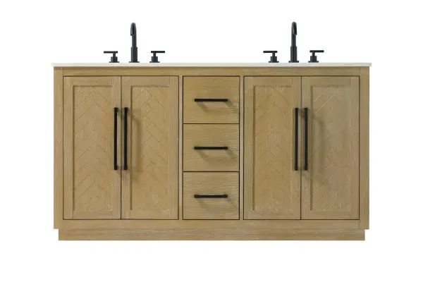 This transitional bathroom vanity offers the perfect blend of timeless style and modern functionality. Available in five refined finishes—crisp white, sleek grey, chocolate oak, honey oak, and linen oak—it complements a range of decor styles, from classic to contemporary. The stunning herringbone design on the Shaker-style door panels adds texture and craftsmanship to the piece. Topped with a white engineered marble countertop featuring subtle veining, it provides both beauty and durability. The long black metal pulls on the soft-closing doors and the thin bar pulls on the drawers add sleek, modern detailing. Practical features include a concealed overflow, a back panel cutout for easy plumbing installation, and a U-shaped cutout shelf to fit plumbing while maximizing storage space. With a toe kick all around the base, this vanity is thoughtfully designed to blend form and function in any bathroom setting. Collection: Chase Rooms: bathroom Finish: Linen Oak Width: 21.50" Height: 34.00" Length: 60.00" Weight: 249.00 lb Material: Solid wood and MDF Country of Origin: Vietnam Manufacturer Warranty: 1 year limited