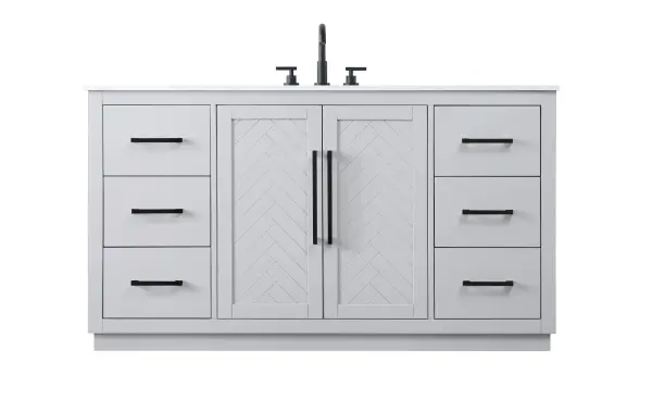This transitional bathroom vanity offers the perfect blend of timeless style and modern functionality. Available in five refined finishes—crisp white, sleek grey, chocolate oak, honey oak, and linen oak—it complements a range of decor styles, from classic to contemporary. The stunning herringbone design on the Shaker-style door panels adds texture and craftsmanship to the piece. Topped with a white engineered marble countertop featuring subtle veining, it provides both beauty and durability. The long black metal pulls on the soft-closing doors and the thin bar pulls on the drawers add sleek, modern detailing. Practical features include a concealed overflow, a back panel cutout for easy plumbing installation, and a U-shaped cutout shelf to fit plumbing while maximizing storage space. With a toe kick all around the base, this vanity is thoughtfully designed to blend form and function in any bathroom setting. Collection: Chase Rooms: bathroom Finish: Grey Width: 21.50" Height: 34.00" Length: 60.00" Weight: 257.00 lb Material: Solid wood and MDF Country of Origin: Vietnam Manufacturer Warranty: 1 year limited