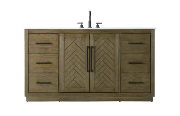 This transitional bathroom vanity offers the perfect blend of timeless style and modern functionality. Available in five refined finishes—crisp white, sleek grey, chocolate oak, honey oak, and linen oak—it complements a range of decor styles, from classic to contemporary. The stunning herringbone design on the Shaker-style door panels adds texture and craftsmanship to the piece. Topped with a white engineered marble countertop featuring subtle veining, it provides both beauty and durability. The long black metal pulls on the soft-closing doors and the thin bar pulls on the drawers add sleek, modern detailing. Practical features include a concealed overflow, a back panel cutout for easy plumbing installation, and a U-shaped cutout shelf to fit plumbing while maximizing storage space. With a toe kick all around the base, this vanity is thoughtfully designed to blend form and function in any bathroom setting. Collection: Chase Rooms: bathroom Finish: Hazel Oak Width: 21.50" Height: 34.00" Length: 60.00" Weight: 256.00 lb Material: Solid wood and MDF Country of Origin: Vietnam Manufacturer Warranty: 1 year limited