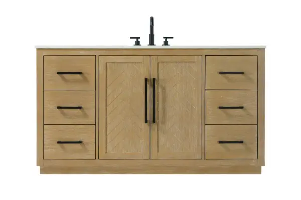 This transitional bathroom vanity offers the perfect blend of timeless style and modern functionality. Available in five refined finishes—crisp white, sleek grey, chocolate oak, honey oak, and linen oak—it complements a range of decor styles, from classic to contemporary. The stunning herringbone design on the Shaker-style door panels adds texture and craftsmanship to the piece. Topped with a white engineered marble countertop featuring subtle veining, it provides both beauty and durability. The long black metal pulls on the soft-closing doors and the thin bar pulls on the drawers add sleek, modern detailing. Practical features include a concealed overflow, a back panel cutout for easy plumbing installation, and a U-shaped cutout shelf to fit plumbing while maximizing storage space. With a toe kick all around the base, this vanity is thoughtfully designed to blend form and function in any bathroom setting. Collection: Chase Rooms: bathroom Finish: Linen Oak Width: 21.50" Height: 34.00" Length: 60.00" Weight: 256.00 lb Material: Solid wood and MDF Country of Origin: Vietnam Manufacturer Warranty: 1 year limited