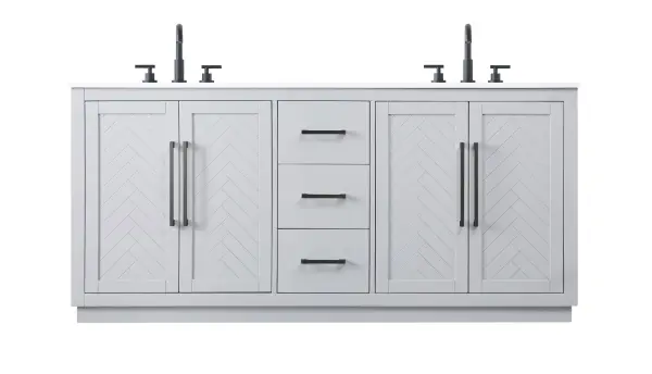 Dimensions
Length: 72"
Width: 21.5"
Height: 34"
Counter Top Length: 72"
Counter Top Width: 21.5"
Counter Top Height: 0.7"
Sink Width: 15.8"
Sink Depth: 10.9"
Sink Height: 8.25"
Sink Drain Hole Size: 1.77"
Faucet Hole Spacing: 8"3 Holes"
Specifications
Assembly Required: NO
Base Material: Solid wood and MDF
Counter Top Edge Style: Straight
Counter Top Finish: Marble white
Distressed Finish: NO
Drain Assembly Included: NO
Faucet Included: NO
Faucet Type: Widespread
Finish (Color): Grey
Vanity Material: Solid Wood and MDF
Hardware Finish: Matte Black
Harware Material: Aluminum alloy
Number of Faucet Holes: 6
Number of Sinks: 2
Product Shape: Rectangle
Product Type: Bathroom Vanities
Product Warranty: 1 year limited
Sink Mounting Type: Undermount
Vanity Backsplash: NO
Vanity Mounting Type: Free-Standing
Weight: 296
Wire Included: No
Wood Type: Rubberwood
Shipment type: LTL
US Shipping Cost: $325.00
Drawers
Drawers Included: Yes
Number of Drawers: 3
False Drawers: NO
Drawer Width: 13.03
Drawer Depth: 14
Drawer Height: 8.94
Drawer Handle Designs: Bar pulls
Shelves
Number of Shelves: 2
Shelf Width: 26.5
Cabinets
Number of Cabinets: 2
Cabinet Interior Width: 26.5
Cabinet Interior Depth: 21.1
Cabinet Interior Height: 29.1