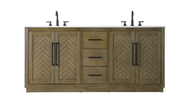 This transitional bathroom vanity offers the perfect blend of timeless style and modern functionality. Available in five refined finishes—crisp white, sleek grey, chocolate oak, honey oak, and linen oak—it complements a range of decor styles, from classic to contemporary. The stunning herringbone design on the Shaker-style door panels adds texture and craftsmanship to the piece. Topped with a white engineered marble countertop featuring subtle veining, it provides both beauty and durability. The long black metal pulls on the soft-closing doors and the thin bar pulls on the drawers add sleek, modern detailing. Practical features include a concealed overflow, a back panel cutout for easy plumbing installation, and a U-shaped cutout shelf to fit plumbing while maximizing storage space. With a toe kick all around the base, this vanity is thoughtfully designed to blend form and function in any bathroom setting. Collection: Chase Rooms: bathroom Finish: Hazel Oak Width: 21.50" Height: 34.00" Length: 72.00" Weight: 293.00 lb Material: Solid wood and MDF Country of Origin: Vietnam Manufacturer Warranty: 1 year limited