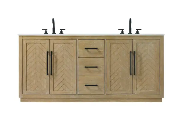 This transitional bathroom vanity offers the perfect blend of timeless style and modern functionality. Available in five refined finishes—crisp white, sleek grey, chocolate oak, honey oak, and linen oak—it complements a range of decor styles, from classic to contemporary. The stunning herringbone design on the Shaker-style door panels adds texture and craftsmanship to the piece. Topped with a white engineered marble countertop featuring subtle veining, it provides both beauty and durability. The long black metal pulls on the soft-closing doors and the thin bar pulls on the drawers add sleek, modern detailing. Practical features include a concealed overflow, a back panel cutout for easy plumbing installation, and a U-shaped cutout shelf to fit plumbing while maximizing storage space. With a toe kick all around the base, this vanity is thoughtfully designed to blend form and function in any bathroom setting. Collection: Chase Rooms: bathroom Finish: Linen Oak Width: 21.50" Height: 34.00" Length: 72.00" Weight: 293.00 lb Material: Solid wood and MDF Country of Origin: Vietnam Manufacturer Warranty: 1 year limited
