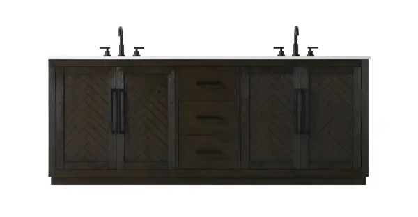 Dimensions
Length: 84"
Width: 21.5"
Height: 34"
Counter Top Length: 84"
Counter Top Width: 21.5"
Counter Top Height: 0.7"
Sink Width: 15.8"
Sink Depth: 10.9"
Sink Height: 8.25"
Sink Drain Hole Size: 1.77"
Faucet Hole Spacing: 8"3 Holes"
Specifications
Assembly Required: NO
Base Material: Solid wood and MDF
Counter Top Edge Style: Straight
Counter Top Finish: Marble white
Distressed Finish: YES
Drain Assembly Included: NO
Faucet Included: NO
Faucet Type: Widespread
Finish (Color): Chocolate Oak
Vanity Material: Solid Wood and MDF
Hardware Finish: Matte Black
Harware Material: Aluminum alloy
Number of Faucet Holes: 6
Number of Sinks: 2
Product Shape: Rectangle
Product Type: Bathroom Vanities
Product Warranty: 1 year limited
Sink Mounting Type: Undermount
Vanity Backsplash: NO
Vanity Mounting Type: Free-Standing
Weight: 326
Wire Included: No
Wood Type: Rubberwood
Shipment type: LTL
US Shipping Cost: $144.00
Drawers
Drawers Included: Yes
Number of Drawers: 3
False Drawers: NO
Drawer Width: 15.43
Drawer Depth: 14
Drawer Height: 8.94
Drawer Handle Designs: Bar pulls
Shelves
Number of Shelves: 2
Shelf Width: 31.3
Cabinets
Number of Cabinets: 2
Cabinet Interior Width: 31.3
Cabinet Interior Depth: 21.1
Cabinet Interior Height: 29.1