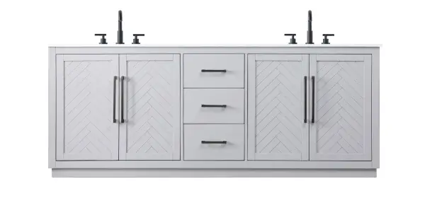 Dimensions
Length: 84"
Width: 21.5"
Height: 34"
Counter Top Length: 84"
Counter Top Width: 21.5"
Counter Top Height: 0.7"
Sink Width: 15.8"
Sink Depth: 10.9"
Sink Height: 8.25"
Sink Drain Hole Size: 1.77"
Faucet Hole Spacing: 8"3 Holes"
Specifications
Assembly Required: NO
Base Material: Solid wood and MDF
Counter Top Edge Style: Straight
Counter Top Finish: Marble white
Distressed Finish: NO
Drain Assembly Included: NO
Faucet Included: NO
Faucet Type: Widespread
Finish (Color): Grey
Vanity Material: Solid Wood and MDF
Hardware Finish: Matte Black
Harware Material: Aluminum alloy
Number of Faucet Holes: 6
Number of Sinks: 2
Product Shape: Rectangle
Product Type: Bathroom Vanities
Product Warranty: 1 year limited
Sink Mounting Type: Undermount
Vanity Backsplash: NO
Vanity Mounting Type: Free-Standing
Weight: 327
Wire Included: No
Wood Type: Rubberwood
Shipment type: LTL
US Shipping Cost: $144.00
Drawers
Drawers Included: Yes
Number of Drawers: 3
False Drawers: NO
Drawer Width: 15.43
Drawer Depth: 14
Drawer Height: 8.94
Drawer Handle Designs: Bar pulls
Shelves
Number of Shelves: 2
Shelf Width: 31.3
Cabinets
Number of Cabinets: 2
Cabinet Interior Width: 31.3
Cabinet Interior Depth: 21.1
Cabinet Interior Height: 29.1