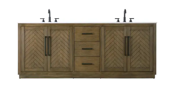 This transitional bathroom vanity offers the perfect blend of timeless style and modern functionality. Available in five refined finishes—crisp white, sleek grey, chocolate oak, honey oak, and linen oak—it complements a range of decor styles, from classic to contemporary. The stunning herringbone design on the Shaker-style door panels adds texture and craftsmanship to the piece. Topped with a white engineered marble countertop featuring subtle veining, it provides both beauty and durability. The long black metal pulls on the soft-closing doors and the thin bar pulls on the drawers add sleek, modern detailing. Practical features include a concealed overflow, a back panel cutout for easy plumbing installation, and a U-shaped cutout shelf to fit plumbing while maximizing storage space. With a toe kick all around the base, this vanity is thoughtfully designed to blend form and function in any bathroom setting. Collection: Chase Rooms: bathroom Finish: Hazel Oak Width: 21.50" Height: 34.00" Length: 84.00" Weight: 326.00 lb Material: Solid wood and MDF Country of Origin: Vietnam Manufacturer Warranty: 1 year limited