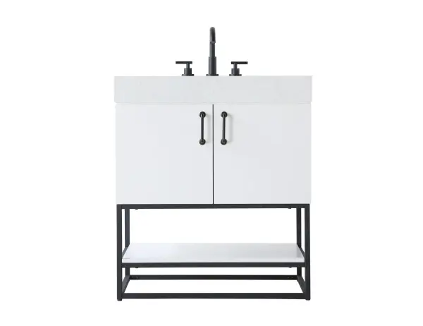 Dimensions
Length: 30"
Width: 21.5"
Height: 34"
Counter Top Length: 30"
Counter Top Width: 21.5"
Counter Top Height: 4"
Sink Width: 15.8"
Sink Depth: 10.9"
Sink Height: 6"
Sink Drain Hole Size: 1.77"
Faucet Hole Spacing: 8"3 Holes"
Specifications
Assembly Required: NO
Base Material: Solid wood and MDF
Counter Top Edge Style: Straight
Counter Top Finish: Marble white
Distressed Finish: NO
Drain Assembly Included: NO
Faucet Included: NO
Faucet Type: Widespread
Finish (Color): White
Vanity Material: Solid Wood and MDF
Hardware Finish: Matte Black
Harware Material: Aluminum alloy
Number of Faucet Holes: 3
Number of Sinks: 1
Product Shape: Rectangle
Product Type: Bathroom Vanities
Product Warranty: 1 year limited
Sink Mounting Type: Undermount
Vanity Backsplash: NO
Vanity Mounting Type: Free-Standing
Weight: 123
Wire Included: No
Shipment type: LTL
US Shipping Cost: $142.00
Drawers
Drawers Included: NO
Shelves
Number of Shelves: 1
Shelf Width: 28
Cabinets
Number of Cabinets: 1
Cabinet Interior Width: 28.6
Cabinet Interior Depth: 19.8
Cabinet Interior Height: 15.4