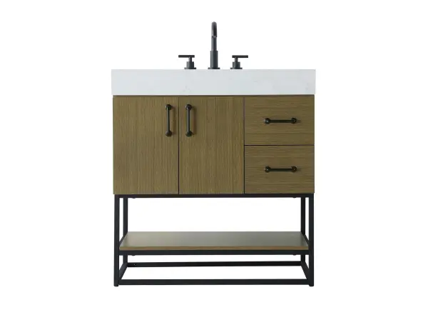 Dimensions
Length: 32"
Width: 21.5"
Height: 34"
Counter Top Length: 32"
Counter Top Width: 21.5"
Counter Top Height: 4"
Sink Width: 15.8"
Sink Depth: 10.9"
Sink Height: 6"
Sink Drain Hole Size: 1.77"
Faucet Hole Spacing: 8"3 Holes"
Specifications
Assembly Required: NO
Base Material: Solid wood and MDF
Counter Top Edge Style: Straight
Counter Top Finish: Marble white
Distressed Finish: NO
Drain Assembly Included: NO
Faucet Included: NO
Faucet Type: Widespread
Finish (Color): Chestnut Brown
Vanity Material: Solid Wood and MDF
Hardware Finish: Matte Black
Harware Material: Aluminum alloy
Number of Faucet Holes: 3
Number of Sinks: 1
Product Shape: Rectangle
Product Type: Bathroom Vanities
Product Warranty: 1 year limited
Sink Mounting Type: Undermount
Vanity Backsplash: NO
Vanity Mounting Type: Free-Standing
Weight: 142
Wire Included: No
Shipment type: LTL
US Shipping Cost: $142.00
Drawers
Drawers Included: Yes
Number of Drawers: 2
False Drawers: NO
Drawer Width: 11.02
Drawer Depth: 14
Drawer Height: 7.54
Drawer Handle Designs: Bar pulls
Shelves
Number of Shelves: 1
Shelf Width: 30
Cabinets
Number of Cabinets: 1
Cabinet Interior Width: 19.4
Cabinet Interior Depth: 19.8
Cabinet Interior Height: 15.4