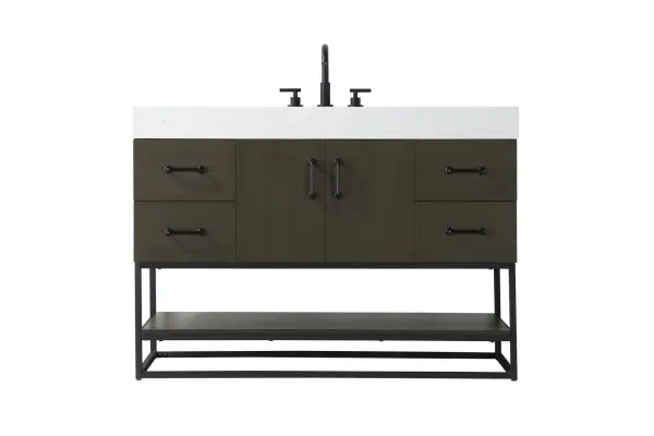 Dimensions
Length: 48"
Width: 21.5"
Height: 34"
Counter Top Length: 48"
Counter Top Width: 21.5"
Counter Top Height: 4"
Sink Width: 15.8"
Sink Depth: 10.9"
Sink Height: 6"
Sink Drain Hole Size: 1.77"
Faucet Hole Spacing: 8"3 Holes"
Specifications
Assembly Required: NO
Base Material: Solid wood and MDF
Counter Top Edge Style: Straight
Counter Top Finish: Marble white
Distressed Finish: NO
Drain Assembly Included: NO
Faucet Included: NO
Faucet Type: Widespread
Finish (Color): Mocha Brown
Vanity Material: Solid Wood and MDF
Hardware Finish: Matte Black
Harware Material: Aluminum alloy
Number of Faucet Holes: 3
Number of Sinks: 1
Product Shape: Rectangle
Product Type: Bathroom Vanities
Product Warranty: 1 year limited
Sink Mounting Type: Undermount
Vanity Backsplash: NO
Vanity Mounting Type: Free-Standing
Weight: 208
Wire Included: No
Shipment type: LTL
US Shipping Cost: $171.00
Drawers
Drawers Included: Yes
Number of Drawers: 4
False Drawers: NO
Drawer Width: DW1:12.6
DW2:12.6
Drawer Depth: DW1:14
DW2:14
Drawer Height: DW1:7.54
DW2:7.54
Drawer Handle Designs: Bar pulls
Shelves
Number of Shelves: 1
Shelf Width: 46
Cabinets
Number of Cabinets: 1
Cabinet Interior Width: 21.1
Cabinet Interior Depth: 19.8
Cabinet Interior Height: 15.4