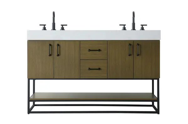 Dimensions
Length: 54"
Width: 21.5"
Height: 34"
Counter Top Length: 54"
Counter Top Width: 21.5"
Counter Top Height: 4"
Sink Width: 15.8"
Sink Depth: 10.9"
Sink Height: 6"
Sink Drain Hole Size: 1.77"
Faucet Hole Spacing: 8"3 Holes"
Specifications
Assembly Required: NO
Base Material: Solid wood and MDF
Counter Top Edge Style: Straight
Counter Top Finish: Marble white
Distressed Finish: NO
Drain Assembly Included: NO
Faucet Included: NO
Faucet Type: Widespread
Finish (Color): Chestnut Brown
Vanity Material: Solid Wood and MDF
Hardware Finish: Matte Black
Harware Material: Aluminum alloy
Number of Faucet Holes: 6
Number of Sinks: 2
Product Shape: Rectangle
Product Type: Bathroom Vanities
Product Warranty: 1 year limited
Sink Mounting Type: Undermount
Vanity Backsplash: NO
Vanity Mounting Type: Free-Standing
Weight: 218
Wire Included: No
Shipment type: LTL
US Shipping Cost: $189.00
Drawers
Drawers Included: Yes
Number of Drawers: 2
False Drawers: NO
Drawer Width: 11.02
Drawer Depth: 14
Drawer Height: 7.54
Drawer Handle Designs: Bar pulls
Shelves
Number of Shelves: 1
Shelf Width: 52
Cabinets
Number of Cabinets: 2
Cabinet Interior Width: 20.1
Cabinet Interior Depth: 19.8
Cabinet Interior Height: 15.4