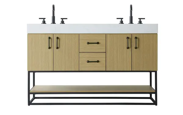 Dimensions
Length: 54"
Width: 21.5"
Height: 34"
Counter Top Length: 54"
Counter Top Width: 21.5"
Counter Top Height: 4"
Sink Width: 15.8"
Sink Depth: 10.9"
Sink Height: 6"
Sink Drain Hole Size: 1.77"
Faucet Hole Spacing: 8"3 Holes"
Specifications
Assembly Required: NO
Base Material: Solid wood and MDF
Counter Top Edge Style: Straight
Counter Top Finish: Marble white
Distressed Finish: NO
Drain Assembly Included: NO
Faucet Included: NO
Faucet Type: Widespread
Finish (Color): Honey Brown
Vanity Material: Solid Wood and MDF
Hardware Finish: Matte Black
Harware Material: Aluminum alloy
Number of Faucet Holes: 6
Number of Sinks: 2
Product Shape: Rectangle
Product Type: Bathroom Vanities
Product Warranty: 1 year limited
Sink Mounting Type: Undermount
Vanity Backsplash: NO
Vanity Mounting Type: Free-Standing
Weight: 218
Wire Included: No
Shipment type: LTL
US Shipping Cost: $189.00
Drawers
Drawers Included: Yes
Number of Drawers: 2
False Drawers: NO
Drawer Width: 11.02
Drawer Depth: 14
Drawer Height: 7.54
Drawer Handle Designs: Bar pulls
Shelves
Number of Shelves: 1
Shelf Width: 52
Cabinets
Number of Cabinets: 2
Cabinet Interior Width: 20.1
Cabinet Interior Depth: 19.8
Cabinet Interior Height: 15.4