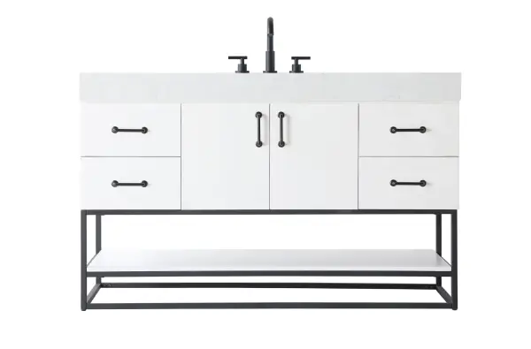 Upgrade your bathroom with this stylish transitional vanity, available in five stunning finishes, from crisp white to warm honey brown, designed to suit a variety of decor styles. The minimalist flat door panels and open wood shelf create a functional yet visually appealing storage solution, while the slender black metal legs elevate the look with modern sophistication. The 4-inch thick white engineered marble countertop, accented with natural veining, adds a luxurious touch, perfectly complemented by soft-closing doors with sleek black metal bar pulls. Thoughtful details like the concealed overflow, back panel cutout for plumbing, and 3 pre-drilled holes for an 8-inch faucet make installation easy and efficient. With a porcelain sink and farmhouse-inspired touches, this vanity brings both elegance and practicality to any bathroom setting. Collection: Caroline Rooms: bathroom Finish: White Width: 21.50" Height: 34.00" Length: 54.00" Weight: 229.00 lb Material: Solid wood and MDF Country of Origin: Vietnam Manufacturer Warranty: 1 year limited