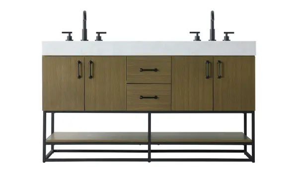 Dimensions
Length: 60"
Width: 21.5"
Height: 34"
Counter Top Length: 60"
Counter Top Width: 21.5"
Counter Top Height: 4"
Sink Width: 15.8"
Sink Depth: 10.9"
Sink Height: 6"
Sink Drain Hole Size: 1.77"
Faucet Hole Spacing: 8"3 Holes"
Specifications
Assembly Required: NO
Base Material: Solid wood and MDF
Counter Top Edge Style: Straight
Counter Top Finish: Marble white
Distressed Finish: NO
Drain Assembly Included: NO
Faucet Included: NO
Faucet Type: Widespread
Finish (Color): Chestnut Brown
Vanity Material: Solid Wood and MDF
Hardware Finish: Matte Black
Harware Material: Aluminum alloy
Number of Faucet Holes: 6
Number of Sinks: 2
Product Shape: Rectangle
Product Type: Bathroom Vanities
Product Warranty: 1 year limited
Sink Mounting Type: Undermount
Vanity Backsplash: NO
Vanity Mounting Type: Free-Standing
Weight: 239
Wire Included: No
Shipment type: LTL
US Shipping Cost: $208.00
Drawers
Drawers Included: Yes
Number of Drawers: 2
False Drawers: NO
Drawer Width: 12.6
Drawer Depth: 14
Drawer Height: 7.54
Drawer Handle Designs: Bar pulls
Shelves
Number of Shelves: 2
Shelf Width: 28.6
Cabinets
Number of Cabinets: 2
Cabinet Interior Width: 22.3
Cabinet Interior Depth: 19.8
Cabinet Interior Height: 15.4