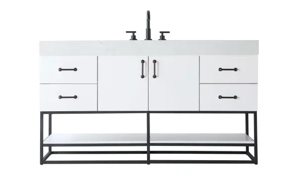 Upgrade your bathroom with this stylish transitional vanity, available in five stunning finishes, from crisp white to warm honey brown, designed to suit a variety of decor styles. The minimalist flat door panels and open wood shelf create a functional yet visually appealing storage solution, while the slender black metal legs elevate the look with modern sophistication. The 4-inch thick white engineered marble countertop, accented with natural veining, adds a luxurious touch, perfectly complemented by soft-closing doors with sleek black metal bar pulls. Thoughtful details like the concealed overflow, back panel cutout for plumbing, and 3 pre-drilled holes for an 8-inch faucet make installation easy and efficient. With a porcelain sink and farmhouse-inspired touches, this vanity brings both elegance and practicality to any bathroom setting. Collection: Caroline Rooms: bathroom Finish: White Width: 21.50" Height: 34.00" Length: 60.00" Weight: 250.00 lb Material: Solid wood and MDF Country of Origin: Vietnam Manufacturer Warranty: 1 year limited