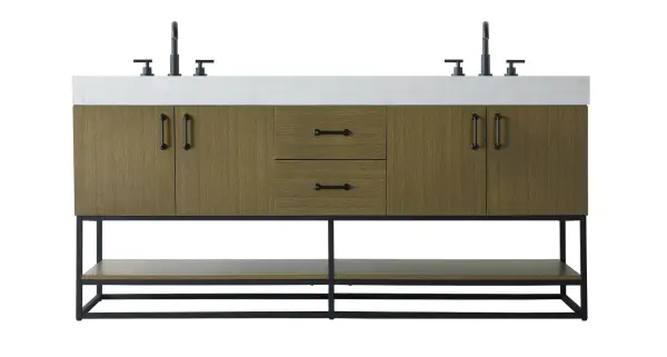 Dimensions
Length: 72"
Width: 21.5"
Height: 34"
Counter Top Length: 72"
Counter Top Width: 21.5"
Counter Top Height: 4"
Sink Width: 15.8"
Sink Depth: 10.9"
Sink Height: 6"
Sink Drain Hole Size: 1.77"
Faucet Hole Spacing: 8"3 Holes"
Specifications
Assembly Required: NO
Base Material: Solid wood and MDF
Counter Top Edge Style: Straight
Counter Top Finish: Marble white
Distressed Finish: NO
Drain Assembly Included: NO
Faucet Included: NO
Faucet Type: Widespread
Finish (Color): Chestnut Brown
Vanity Material: Solid Wood and MDF
Hardware Finish: Matte Black
Harware Material: Aluminum alloy
Number of Faucet Holes: 6
Number of Sinks: 2
Product Shape: Rectangle
Product Type: Bathroom Vanities
Product Warranty: 1 year limited
Sink Mounting Type: Undermount
Vanity Backsplash: NO
Vanity Mounting Type: Free-Standing
Weight: 275
Wire Included: No
Shipment type: LTL
US Shipping Cost: $245.00
Drawers
Drawers Included: Yes
Number of Drawers: 2
False Drawers: NO
Drawer Width: 15.75
Drawer Depth: 14
Drawer Height: 7.54
Drawer Handle Designs: Bar pulls
Shelves
Number of Shelves: 2
Shelf Width: 34.6
Cabinets
Number of Cabinets: 2
Cabinet Interior Width: 26.7
Cabinet Interior Depth: 19.8
Cabinet Interior Height: 15.4