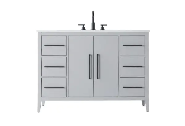 Dimensions
Length: 48"
Width: 21.5"
Height: 35"
Counter Top Length: 48"
Counter Top Width: 21.5"
Counter Top Height: 0.7"
Sink Width: 15.8"
Sink Depth: 10.9"
Sink Height: 6"
Sink Drain Hole Size: 1.77"
Faucet Hole Spacing: 8"3 Holes"
Specifications
Assembly Required: NO
Base Material: Solid wood and MDF
Counter Top Edge Style: Straight
Counter Top Finish: Marble white
Distressed Finish: NO
Drain Assembly Included: NO
Faucet Included: NO
Faucet Type: Widespread
Finish (Color): Grey
Vanity Material: Solid Wood and MDF
Hardware Finish: Matte Black
Harware Material: Aluminum alloy
Number of Faucet Holes: 3
Number of Sinks: 1
Product Shape: Rectangle
Product Type: Bathroom Vanities
Product Warranty: 1 year limited
Sink Mounting Type: Undermount
Vanity Backsplash: NO
Vanity Mounting Type: Free-Standing
Weight: 216
Wire Included: No
Wood Type: Rubberwood
Shipment type: LTL
US Shipping Cost: $241.00
Drawers
Drawers Included: Yes
Number of Drawers: 6
False Drawers: NO
Drawer Width: 10.45
Drawer Depth: 14
Drawer Height: 8.07
Drawer Handle Designs: Bar pulls
Shelves
Number of Shelves: 1
Shelf Width: 21.3
Cabinets
Number of Cabinets: 1
Cabinet Interior Width: 21.3
Cabinet Interior Depth: 18
Cabinet Interior Height: 26.3