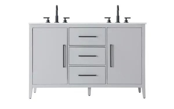 Dimensions
Length: 54"
Width: 21.5"
Height: 35"
Counter Top Length: 54"
Counter Top Width: 21.5"
Counter Top Height: 0.7"
Sink Width: 15.8"
Sink Depth: 10.9"
Sink Height: 6"
Sink Drain Hole Size: 1.77"
Faucet Hole Spacing: 8"3 Holes"
Specifications
Assembly Required: NO
Base Material: Solid wood and MDF
Counter Top Edge Style: Straight
Counter Top Finish: Marble white
Distressed Finish: NO
Drain Assembly Included: NO
Faucet Included: NO
Faucet Type: Widespread
Finish (Color): Grey
Vanity Material: Solid Wood and MDF
Hardware Finish: Matte Black
Harware Material: Aluminum alloy
Number of Faucet Holes: 6
Number of Sinks: 2
Product Shape: Rectangle
Product Type: Bathroom Vanities
Product Warranty: 1 year limited
Sink Mounting Type: Undermount
Vanity Backsplash: NO
Vanity Mounting Type: Free-Standing
Weight: 210
Wire Included: No
Wood Type: Rubberwood
Shipment type: LTL
US Shipping Cost: $267.00
Drawers
Drawers Included: Yes
Number of Drawers: 3
False Drawers: NO
Drawer Width: 16.54
Drawer Depth: 14
Drawer Height: 8.07
Drawer Handle Designs: Bar pulls
Shelves
Number of Shelves: 2
Shelf Width: 15.9
Cabinets
Number of Cabinets: 2
Cabinet Interior Width: 15.9
Cabinet Interior Depth: 18
Cabinet Interior Height: 26.3