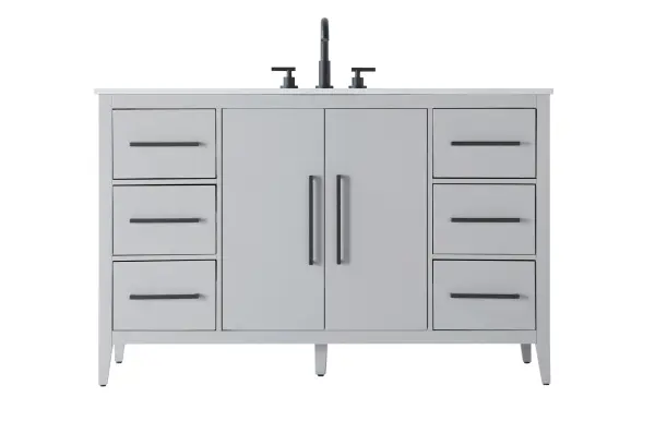Bring both elegance and practicality to your bathroom with this transitional vanity, available in a selection of rich finishes that highlight the beauty of faux wood grain in shades of mocha, chestnut, and honey, along with classic white and modern grey. The flat door panels and sleek black metal pulls create a minimalist yet refined aesthetic, while the soft-closing drawers and tapered legs with levelers provide smooth, functional operation. Topped with a luxurious white engineered marble countertop and featuring a porcelain sink, this vanity combines timeless style with modern efficiency. Thoughtfully designed with U-shaped cutout for plumbing, it offers ample storage and easy installation, making it the perfect centerpiece for any bathroom. Collection: Millie Rooms: bathroom Finish: Grey Width: 21.50" Height: 35.00" Length: 54.00" Weight: 236.00 lb Material: Solid wood and MDF Country of Origin: Vietnam Manufacturer Warranty: 1 year limited