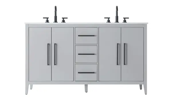 Dimensions
Length: 60"
Width: 21.5"
Height: 35"
Counter Top Length: 60"
Counter Top Width: 21.5"
Counter Top Height: 0.7"
Sink Width: 15.8"
Sink Depth: 10.9"
Sink Height: 6"
Sink Drain Hole Size: 1.77"
Faucet Hole Spacing: 8"3 Holes"
Specifications
Assembly Required: NO
Base Material: Solid wood and MDF
Counter Top Edge Style: Straight
Counter Top Finish: Marble white
Distressed Finish: NO
Drain Assembly Included: NO
Faucet Included: NO
Faucet Type: Widespread
Finish (Color): Grey
Vanity Material: Solid Wood and MDF
Hardware Finish: Matte Black
Harware Material: Aluminum alloy
Number of Faucet Holes: 6
Number of Sinks: 2
Product Shape: Rectangle
Product Type: Bathroom Vanities
Product Warranty: 1 year limited
Sink Mounting Type: Undermount
Vanity Backsplash: NO
Vanity Mounting Type: Free-Standing
Weight: 229
Wire Included: No
Wood Type: Rubberwood
Shipment type: LTL
US Shipping Cost: $289.00
Drawers
Drawers Included: Yes
Number of Drawers: 3
False Drawers: NO
Drawer Width: 10.74
Drawer Depth: 14
Drawer Height: 8.07
Drawer Handle Designs: Bar pulls
Shelves
Number of Shelves: 2
Shelf Width: 21.8
Cabinets
Number of Cabinets: 2
Cabinet Interior Width: 21.8
Cabinet Interior Depth: 18
Cabinet Interior Height: 26.3