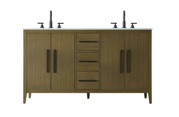 Dimensions
Length: 60"
Width: 21.5"
Height: 35"
Counter Top Length: 60"
Counter Top Width: 21.5"
Counter Top Height: 0.7"
Sink Width: 15.8"
Sink Depth: 10.9"
Sink Height: 6"
Sink Drain Hole Size: 1.77"
Faucet Hole Spacing: 8"3 Holes"
Specifications
Assembly Required: NO
Base Material: Solid wood and MDF
Counter Top Edge Style: Straight
Counter Top Finish: Marble white
Distressed Finish: NO
Drain Assembly Included: NO
Faucet Included: NO
Faucet Type: Widespread
Finish (Color): Chestnut Brown
Vanity Material: Solid Wood and MDF
Hardware Finish: Matte Black
Harware Material: Aluminum alloy
Number of Faucet Holes: 6
Number of Sinks: 2
Product Shape: Rectangle
Product Type: Bathroom Vanities
Product Warranty: 1 year limited
Sink Mounting Type: Undermount
Vanity Backsplash: NO
Vanity Mounting Type: Free-Standing
Weight: 227
Wire Included: No
Wood Type: Rubberwood
Shipment type: LTL
US Shipping Cost: $289.00
Drawers
Drawers Included: Yes
Number of Drawers: 3
False Drawers: NO
Drawer Width: 10.74
Drawer Depth: 14
Drawer Height: 8.07
Drawer Handle Designs: Bar pulls
Shelves
Number of Shelves: 2
Shelf Width: 21.8
Cabinets
Number of Cabinets: 2
Cabinet Interior Width: 21.8
Cabinet Interior Depth: 18
Cabinet Interior Height: 26.3