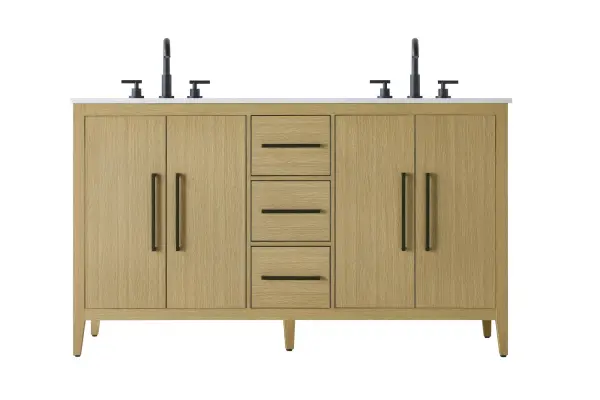 Dimensions
Length: 60"
Width: 21.5"
Height: 35"
Counter Top Length: 60"
Counter Top Width: 21.5"
Counter Top Height: 0.7"
Sink Width: 15.8"
Sink Depth: 10.9"
Sink Height: 6"
Sink Drain Hole Size: 1.77"
Faucet Hole Spacing: 8"3 Holes"
Specifications
Assembly Required: NO
Base Material: Solid wood and MDF
Counter Top Edge Style: Straight
Counter Top Finish: Marble white
Distressed Finish: NO
Drain Assembly Included: NO
Faucet Included: NO
Faucet Type: Widespread
Finish (Color): Honey Brown
Vanity Material: Solid Wood and MDF
Hardware Finish: Matte Black
Harware Material: Aluminum alloy
Number of Faucet Holes: 6
Number of Sinks: 2
Product Shape: Rectangle
Product Type: Bathroom Vanities
Product Warranty: 1 year limited
Sink Mounting Type: Undermount
Vanity Backsplash: NO
Vanity Mounting Type: Free-Standing
Weight: 227
Wire Included: No
Wood Type: Rubberwood
Shipment type: LTL
US Shipping Cost: $289.00
Drawers
Drawers Included: Yes
Number of Drawers: 3
False Drawers: NO
Drawer Width: 10.74
Drawer Depth: 14
Drawer Height: 8.07
Drawer Handle Designs: Bar pulls
Shelves
Number of Shelves: 2
Shelf Width: 21.8
Cabinets
Number of Cabinets: 2
Cabinet Interior Width: 21.8
Cabinet Interior Depth: 18
Cabinet Interior Height: 26.3