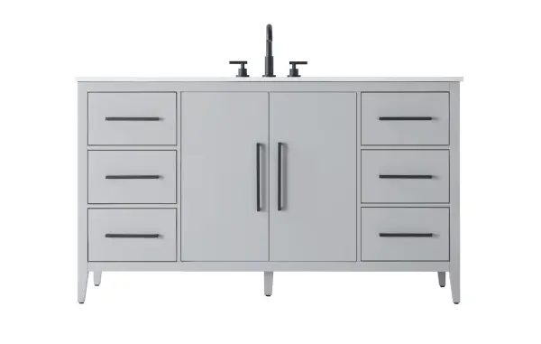 Bring both elegance and practicality to your bathroom with this transitional vanity, available in a selection of rich finishes that highlight the beauty of faux wood grain in shades of mocha, chestnut, and honey, along with classic white and modern grey. The flat door panels and sleek black metal pulls create a minimalist yet refined aesthetic, while the soft-closing drawers and tapered legs with levelers provide smooth, functional operation. Topped with a luxurious white engineered marble countertop and featuring a porcelain sink, this vanity combines timeless style with modern efficiency. Thoughtfully designed with U-shaped cutout for plumbing, it offers ample storage and easy installation, making it the perfect centerpiece for any bathroom. Collection: Millie Rooms: bathroom Finish: Grey Width: 21.50" Height: 35.00" Length: 60.00" Weight: 252.00 lb Material: Solid wood and MDF Country of Origin: Vietnam Manufacturer Warranty: 1 year limited