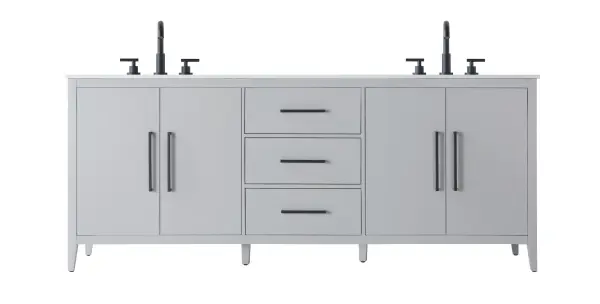 Dimensions
Length: 84"
Width: 21.5"
Height: 35"
Counter Top Length: 84"
Counter Top Width: 21.5"
Counter Top Height: 0.7"
Sink Width: 15.8"
Sink Depth: 10.9"
Sink Height: 6"
Sink Drain Hole Size: 1.77"
Faucet Hole Spacing: 8"3 Holes"
Specifications
Assembly Required: NO
Base Material: Solid wood and MDF
Counter Top Edge Style: Straight
Counter Top Finish: Marble white
Distressed Finish: NO
Drain Assembly Included: NO
Faucet Included: NO
Faucet Type: Widespread
Finish (Color): Grey
Vanity Material: Solid Wood and MDF
Hardware Finish: Matte Black
Harware Material: Aluminum alloy
Number of Faucet Holes: 6
Number of Sinks: 2
Product Shape: Rectangle
Product Type: Bathroom Vanities
Product Warranty: 1 year limited
Sink Mounting Type: Undermount
Vanity Backsplash: NO
Vanity Mounting Type: Free-Standing
Weight: 304
Wire Included: No
Wood Type: Rubberwood
Shipment type: LTL
US Shipping Cost: $144.00
Drawers
Drawers Included: Yes
Number of Drawers: 3
False Drawers: NO
Drawer Width: 20.47
Drawer Depth: 14
Drawer Height: 8.07
Drawer Handle Designs: Bar pulls
Shelves
Number of Shelves: 2
Shelf Width: 29
Cabinets
Number of Cabinets: 2
Cabinet Interior Width: 29
Cabinet Interior Depth: 18
Cabinet Interior Height: 26.3