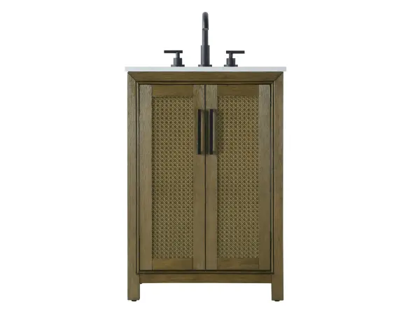 Perfect for those with an eye for detail and quality, this transitional vanity blends modern design with timeless elegance. Available in five stunning finishes, from Crisp White to Linen Oak, the wood grain visuals of the oak options bring warmth and character to any bathroom. The caning design on the Shaker-style door panels adds texture and a touch of refinement, while the soft-closing doors ensure smooth, quiet functionality. Topped with a white engineered marble countertop, the vanity offers both luxury and practicality, complete with pre-drilled faucet holes for customization. A concealed overflow and U-shaped shelf for plumbing make installation effortless, and the slender black metal pulls provide a sleek contrast. Collection: Alina Rooms: bathroom Finish: Hazel Oak Width: 21.50" Height: 35.00" Length: 24.00" Weight: 87.00 lb Material: Solid wood and MDF Country of Origin: Vietnam Manufacturer Warranty: 1 year limited