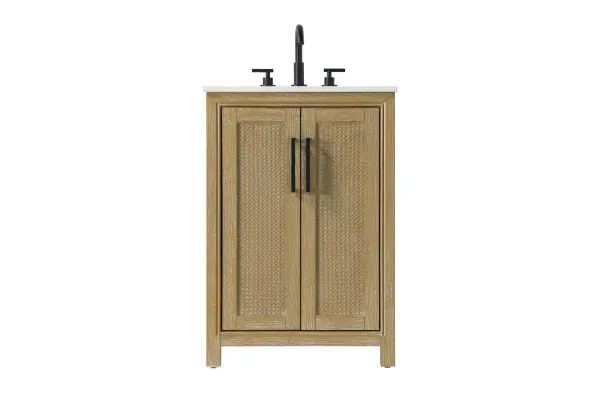 Perfect for those with an eye for detail and quality, this transitional vanity blends modern design with timeless elegance. Available in five stunning finishes, from Crisp White to Linen Oak, the wood grain visuals of the oak options bring warmth and character to any bathroom. The caning design on the Shaker-style door panels adds texture and a touch of refinement, while the soft-closing doors ensure smooth, quiet functionality. Topped with a white engineered marble countertop, the vanity offers both luxury and practicality, complete with pre-drilled faucet holes for customization. A concealed overflow and U-shaped shelf for plumbing make installation effortless, and the slender black metal pulls provide a sleek contrast. Collection: Alina Rooms: bathroom Finish: Linen Oak Width: 21.50" Height: 35.00" Length: 24.00" Weight: 87.00 lb Material: Solid wood and MDF Country of Origin: Vietnam Manufacturer Warranty: 1 year limited