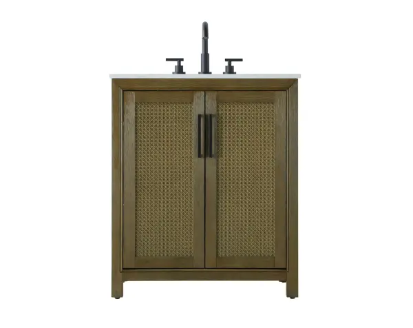 Perfect for those with an eye for detail and quality, this transitional vanity blends modern design with timeless elegance. Available in five stunning finishes, from Crisp White to Linen Oak, the wood grain visuals of the oak options bring warmth and character to any bathroom. The caning design on the Shaker-style door panels adds texture and a touch of refinement, while the soft-closing doors ensure smooth, quiet functionality. Topped with a white engineered marble countertop, the vanity offers both luxury and practicality, complete with pre-drilled faucet holes for customization. A concealed overflow and U-shaped shelf for plumbing make installation effortless, and the slender black metal pulls provide a sleek contrast. Collection: Alina Rooms: bathroom Finish: Hazel Oak Width: 21.50" Height: 35.00" Length: 30.00" Weight: 102.00 lb Material: Solid wood and MDF Country of Origin: Vietnam Manufacturer Warranty: 1 year limited