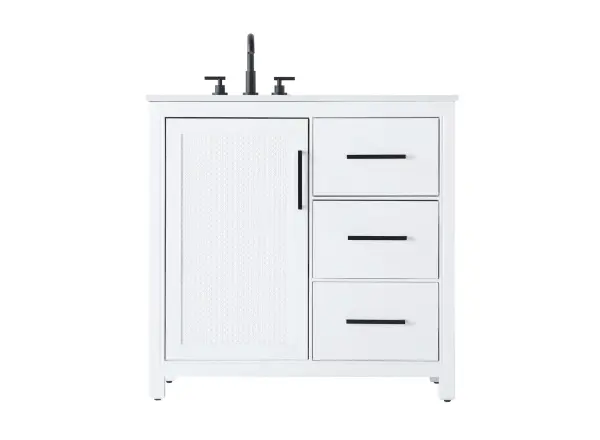 Dimensions
Length: 36"
Width: 21.5"
Height: 34"
Counter Top Length: 36"
Counter Top Width: 21.5"
Counter Top Height: 0.7"
Sink Width: 15.8"
Sink Depth: 10.9"
Sink Height: 6"
Sink Drain Hole Size: 1.77"
Faucet Hole Spacing: 8"3 Holes"
Specifications
Assembly Required: NO
Base Material: Solid wood and MDF
Counter Top Edge Style: Straight
Counter Top Finish: Marble white
Distressed Finish: NO
Drain Assembly Included: NO
Faucet Included: NO
Faucet Type: Widespread
Finish (Color): White
Vanity Material: Solid Wood and MDF
Hardware Finish: Matte Black
Harware Material: Aluminum alloy
Number of Faucet Holes: 3
Number of Sinks: 1
Product Shape: Rectangle
Product Type: Bathroom Vanities
Product Warranty: 1 year limited
Sink Mounting Type: Undermount
Vanity Backsplash: NO
Vanity Mounting Type: Free-Standing
Weight: 151
Wire Included: No
Wood Type: Rubberwood
Shipment type: LTL
US Shipping Cost: $189.00
Drawers
Drawers Included: Yes
Number of Drawers: 3
False Drawers: NO
Drawer Width: 14.17
Drawer Depth: 14
Drawer Height: 8.86
Drawer Handle Designs: Ball pulls
Shelves
Number of Shelves: 1
Shelf Width: 16.7
Cabinets
Number of Cabinets: 1
Cabinet Interior Width: 16.7
Cabinet Interior Depth: 17.6
Cabinet Interior Height: 28